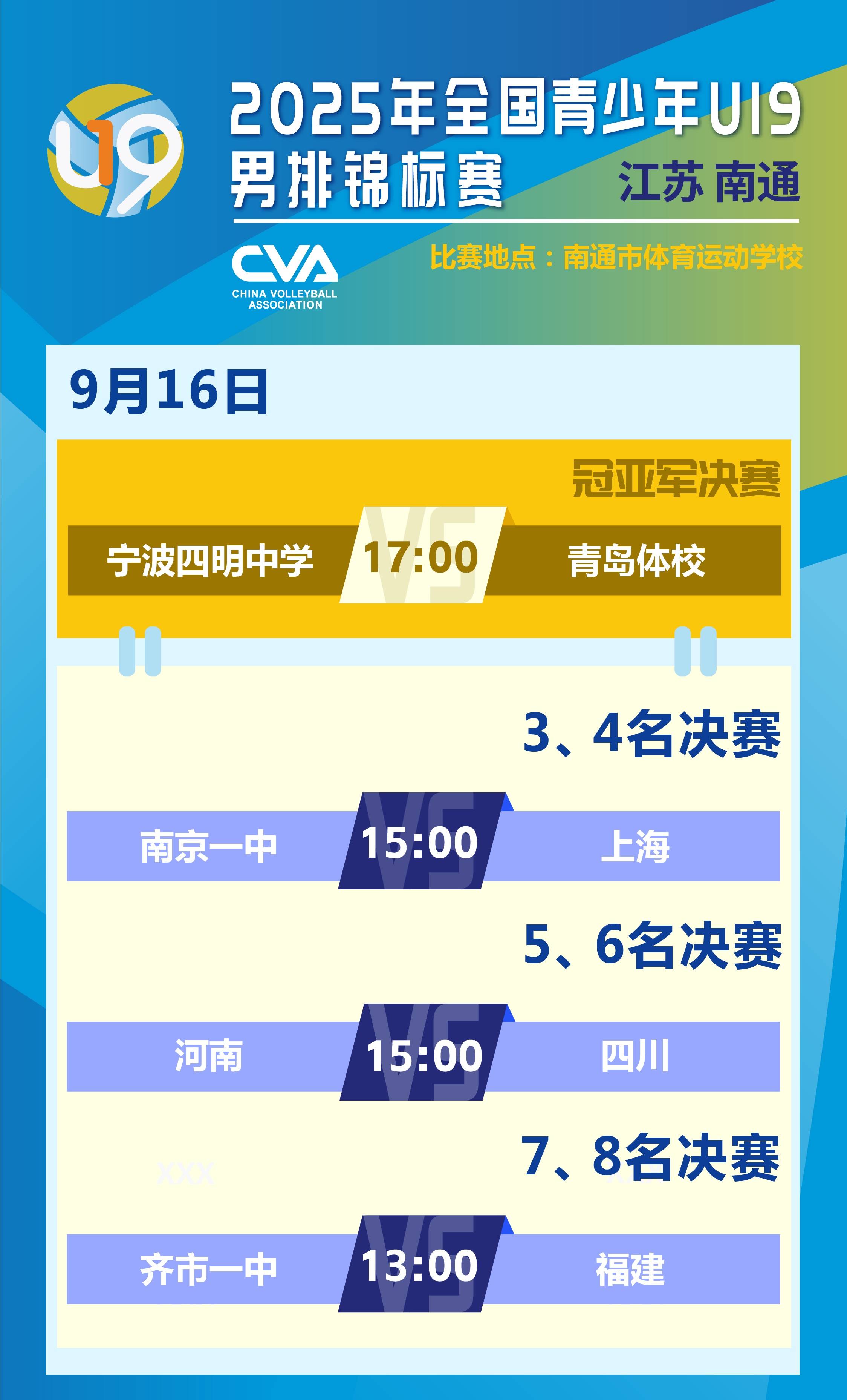 U19排球全锦赛9月16日赛程,男排争冠,女排半决赛